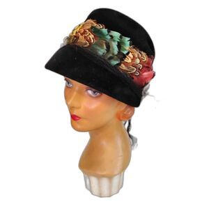 50s 60s Vintage Black Cloche Hat with Colorful Feathers